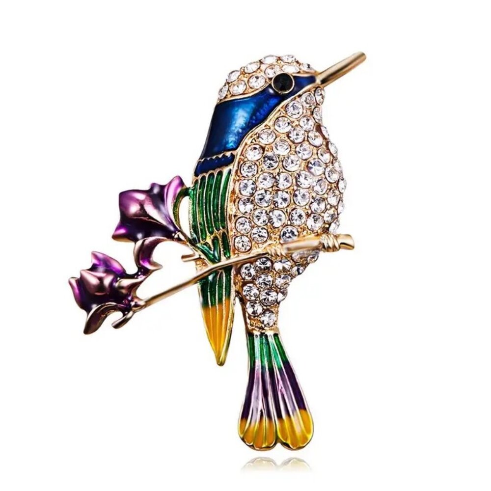 Blue Hummingbird on flower branch brooche pin